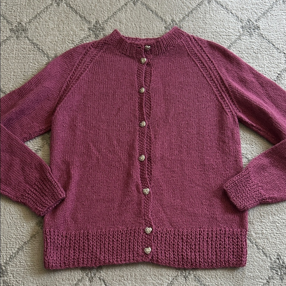 Women's Hand Knit Dusty Rose Pink Button-Up Sweater with Heart Shaped Buttons